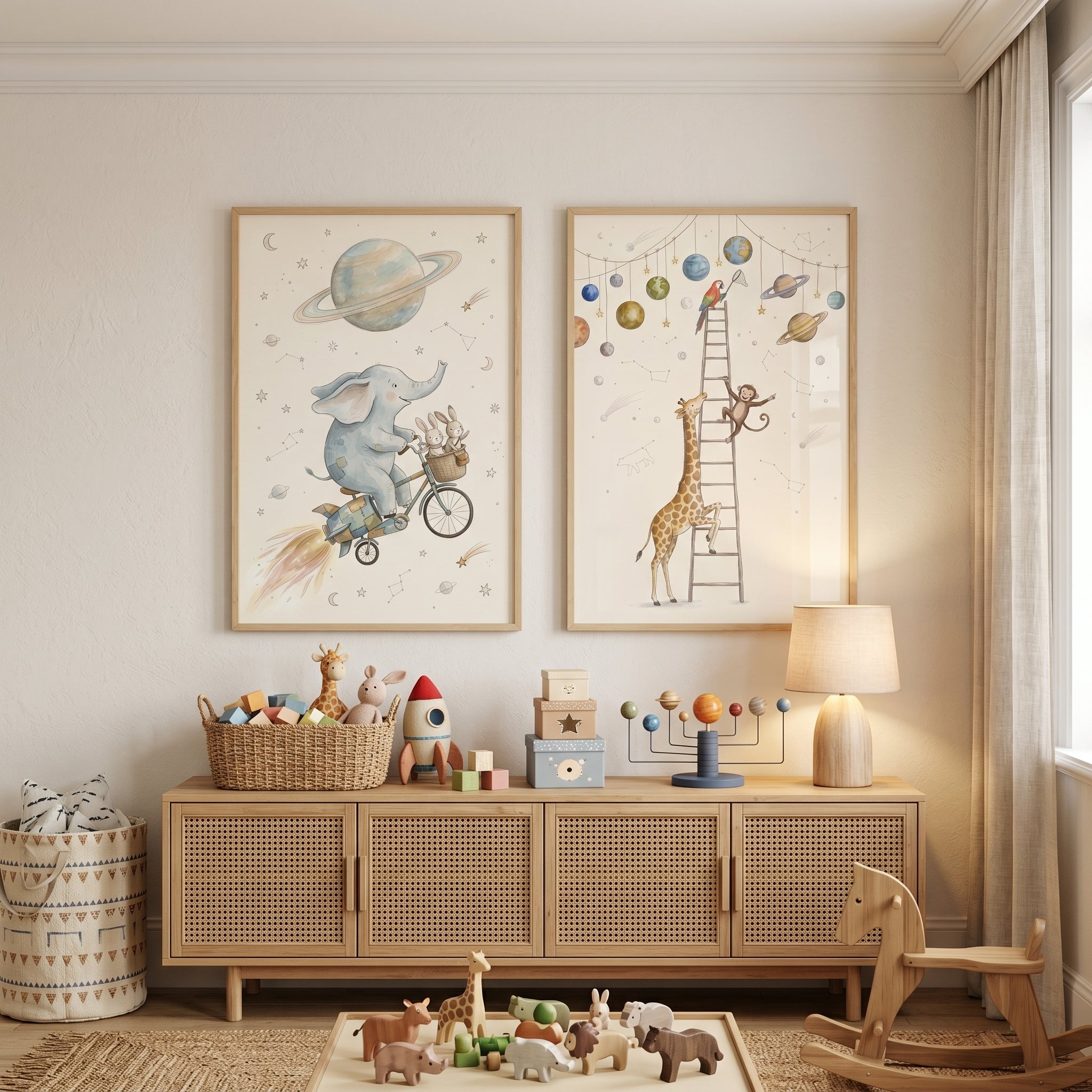 Dusty Blue Celestial Animals Wall Art Set of 2 - Starry Safari Dreams