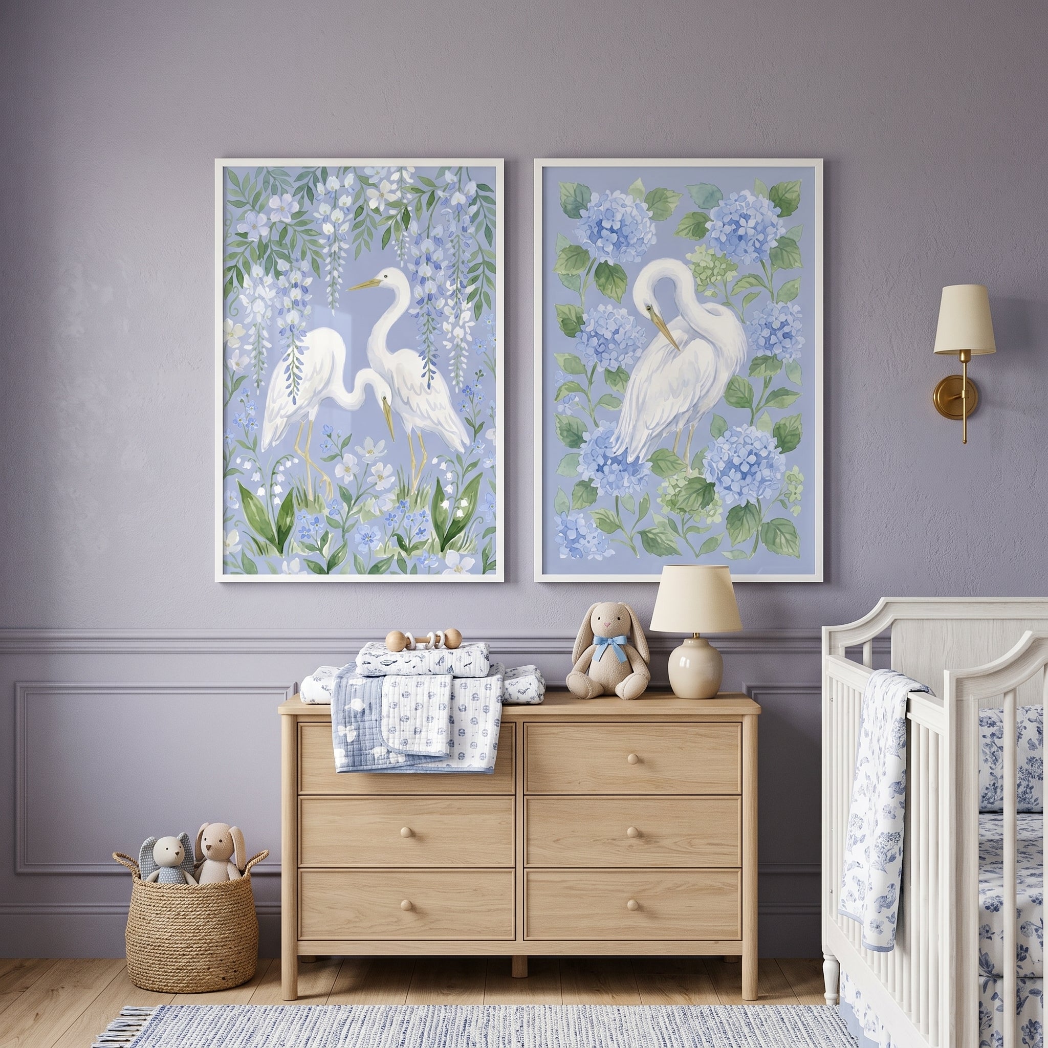 Dusty Blue Floral Egret Bird Wall Art Set of 2 - Blue Wisteria Egrets