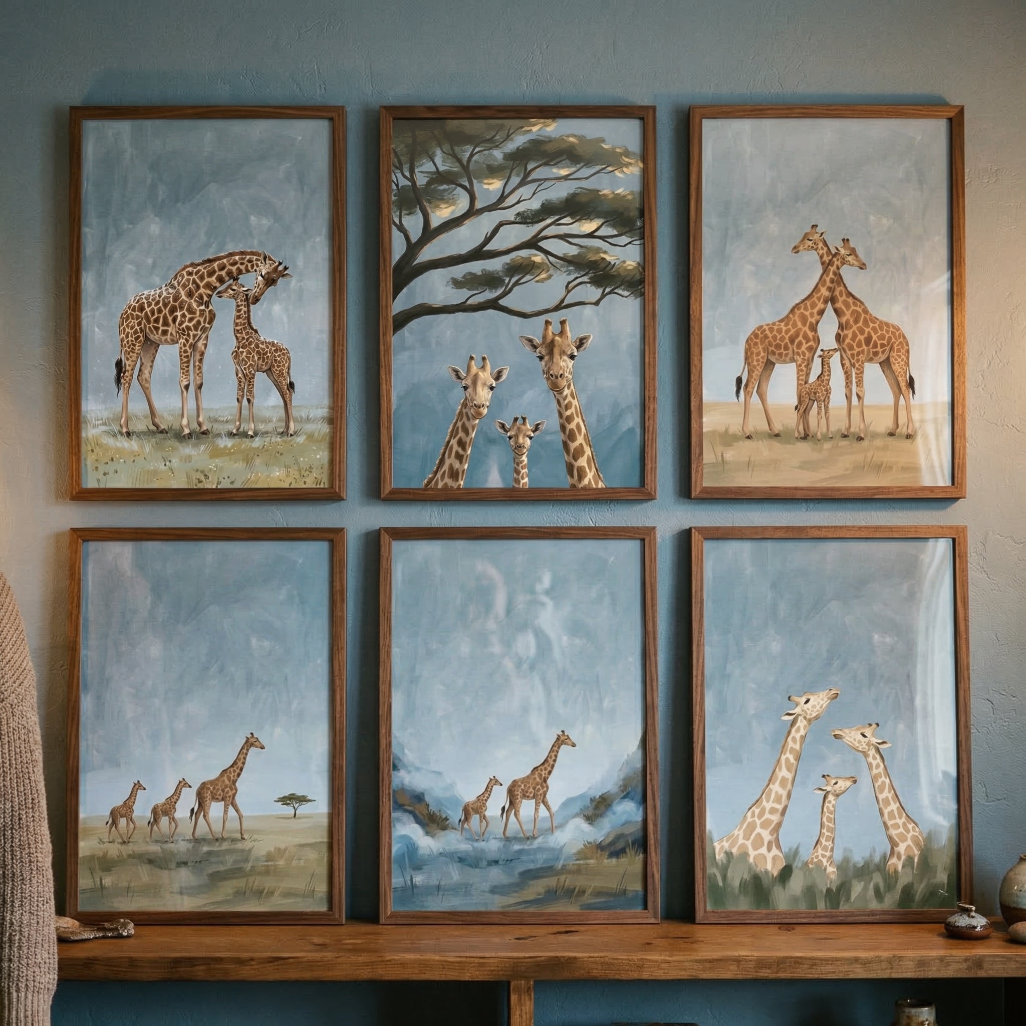 Giraffe Family Wall Art Set of 6 - Serene Savannah Giants