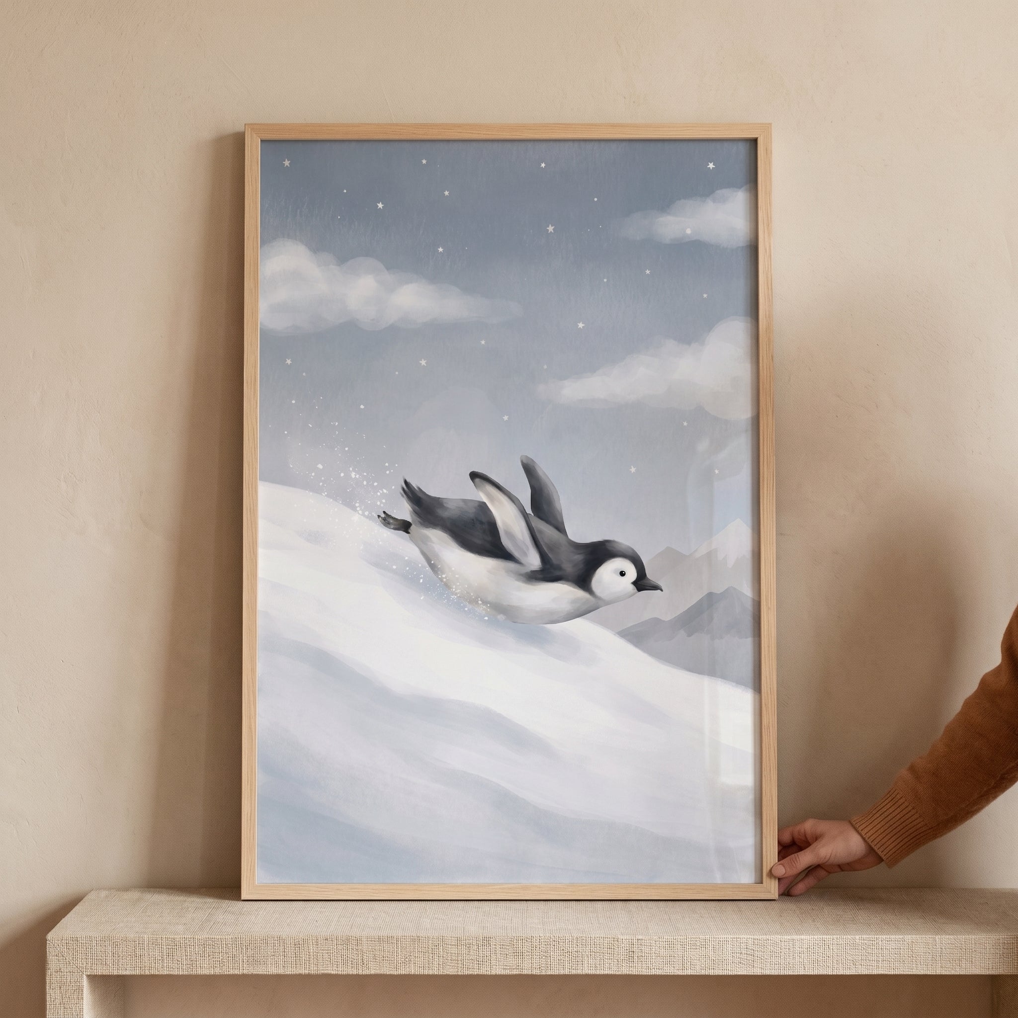 Dusty Blue Starry Penguin Wall Art - Midnight Snow Slide