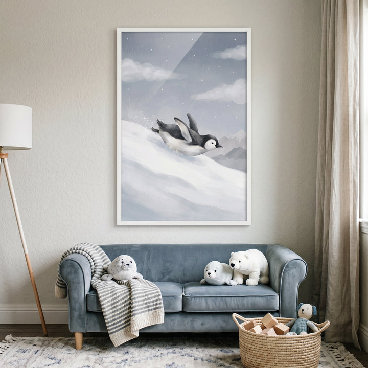 Dusty blue starry penguin wall art hangs above a blue velvet sofa with stuffed animals and a striped blanket.