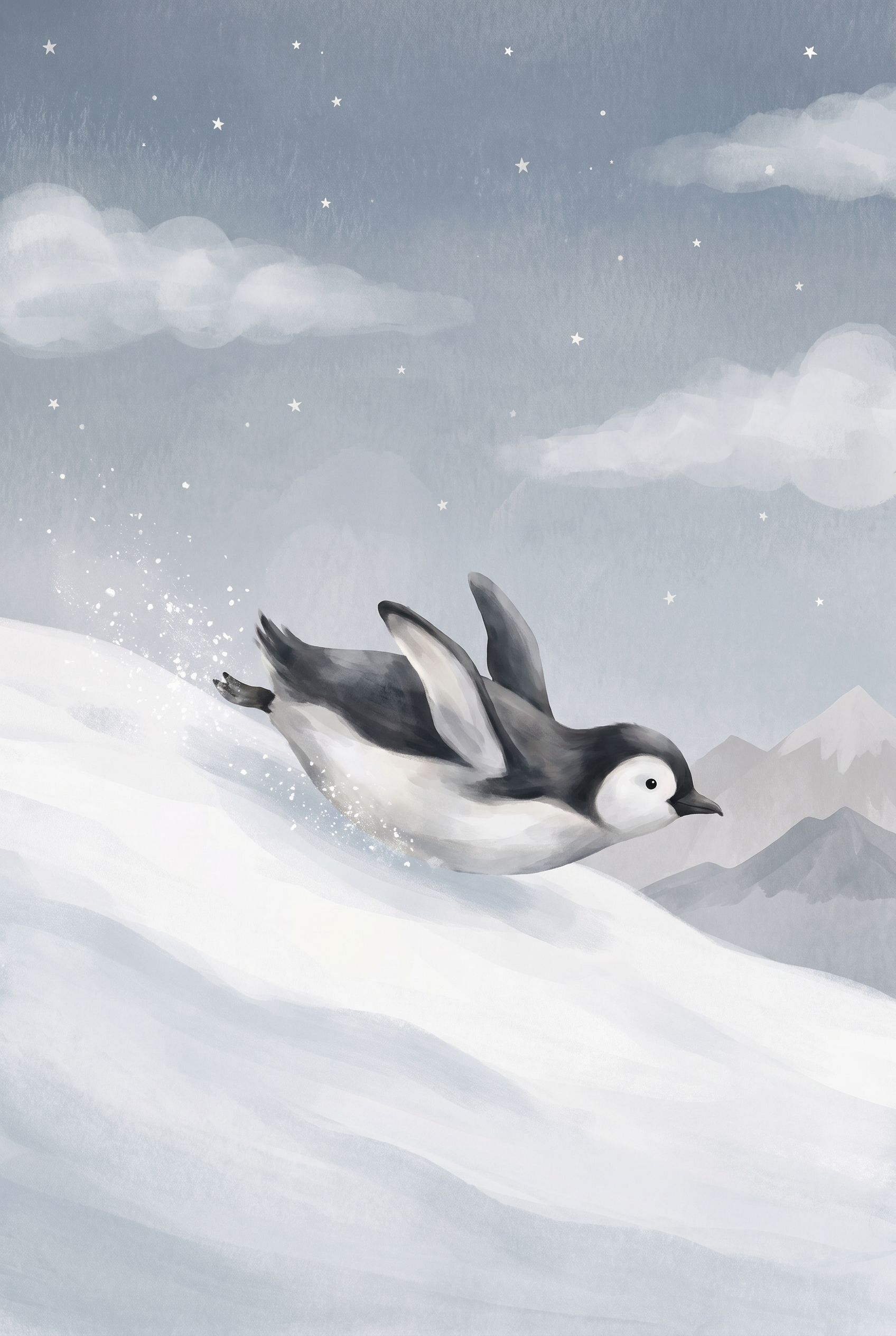Dusty Blue Starry Penguin Wall Art - Midnight Snow Slide