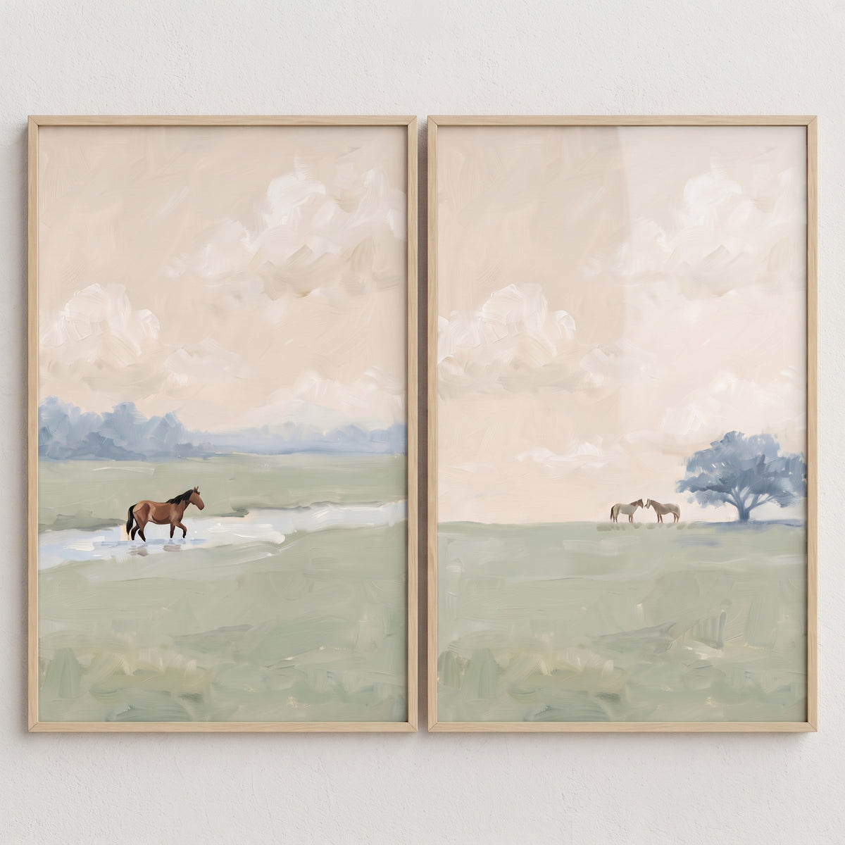 Dusty blush country horse wall art set of 2 featuring horses in muted green fields under a soft peach and white sky.