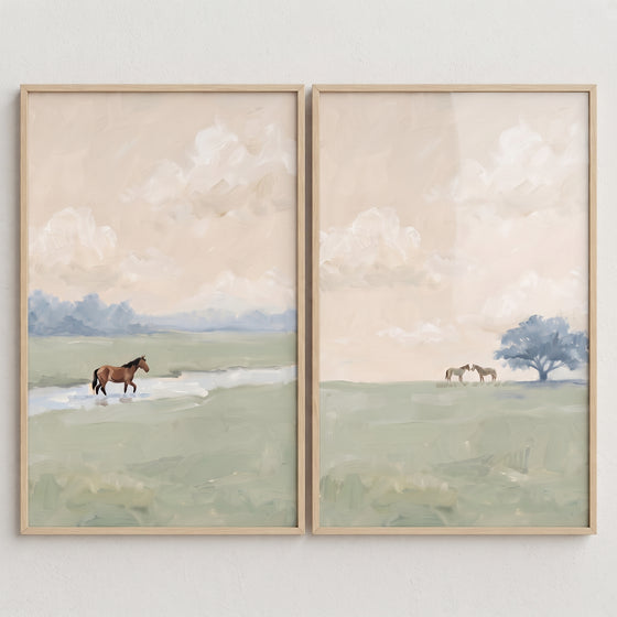 Dusty blush country horse wall art set of 2 featuring horses in muted green fields under a soft peach and white sky.
