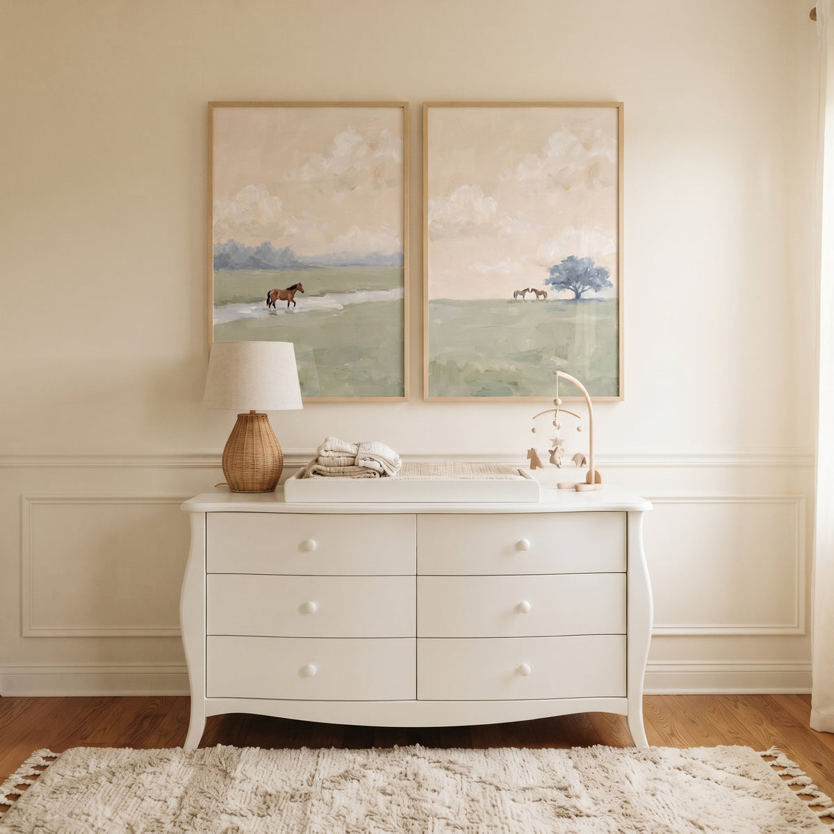 Dusty Blush Country Horse Wall Art Set Of 2 - Soft Pastoral Fields