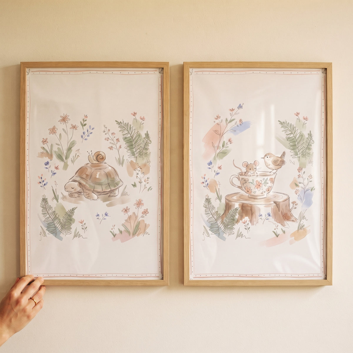 Dusty Floral Woodland Animal Wall Art Set of 2 - Whimsical Nature Friends