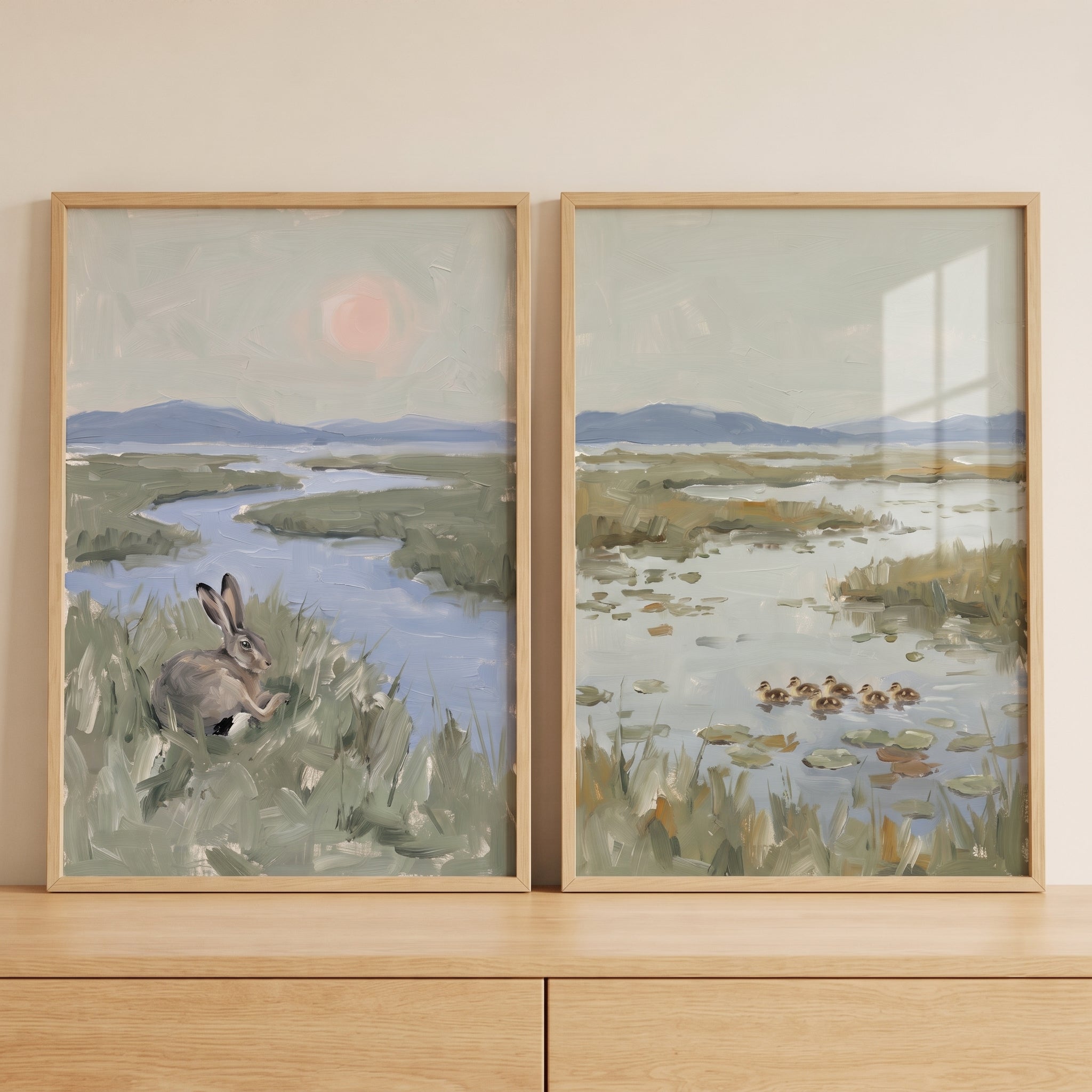 Dusty Green Marsh Wildlife Animals Wall Art Set of 2 - Tranquil Marshland Duo