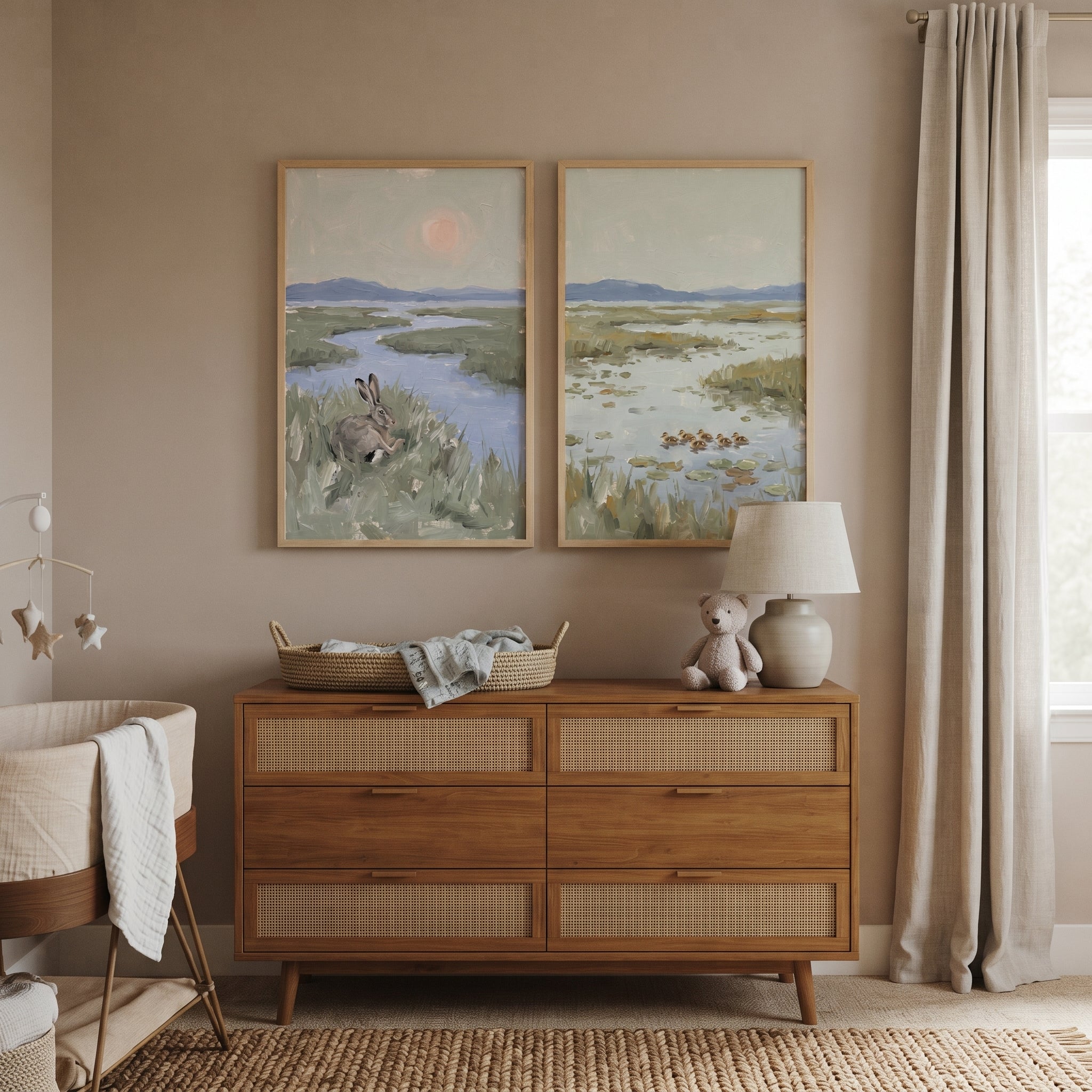 Dusty Green Marsh Wildlife Animals Wall Art Set of 2 - Tranquil Marshland Duo