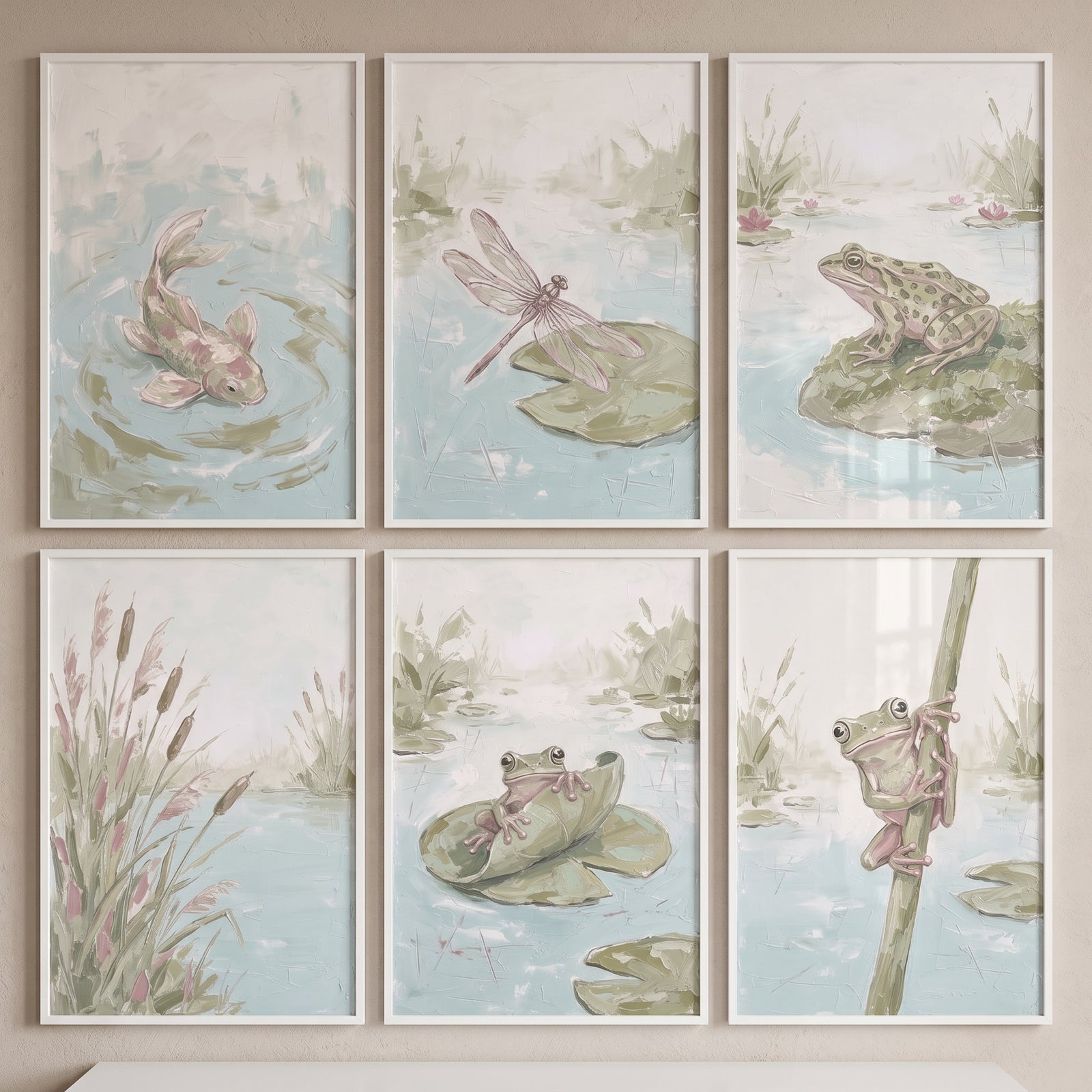 Dusty green pond wall art set of 6 featuring frogs, a fish, a dragonfly, and reeds in soft, muted colors.