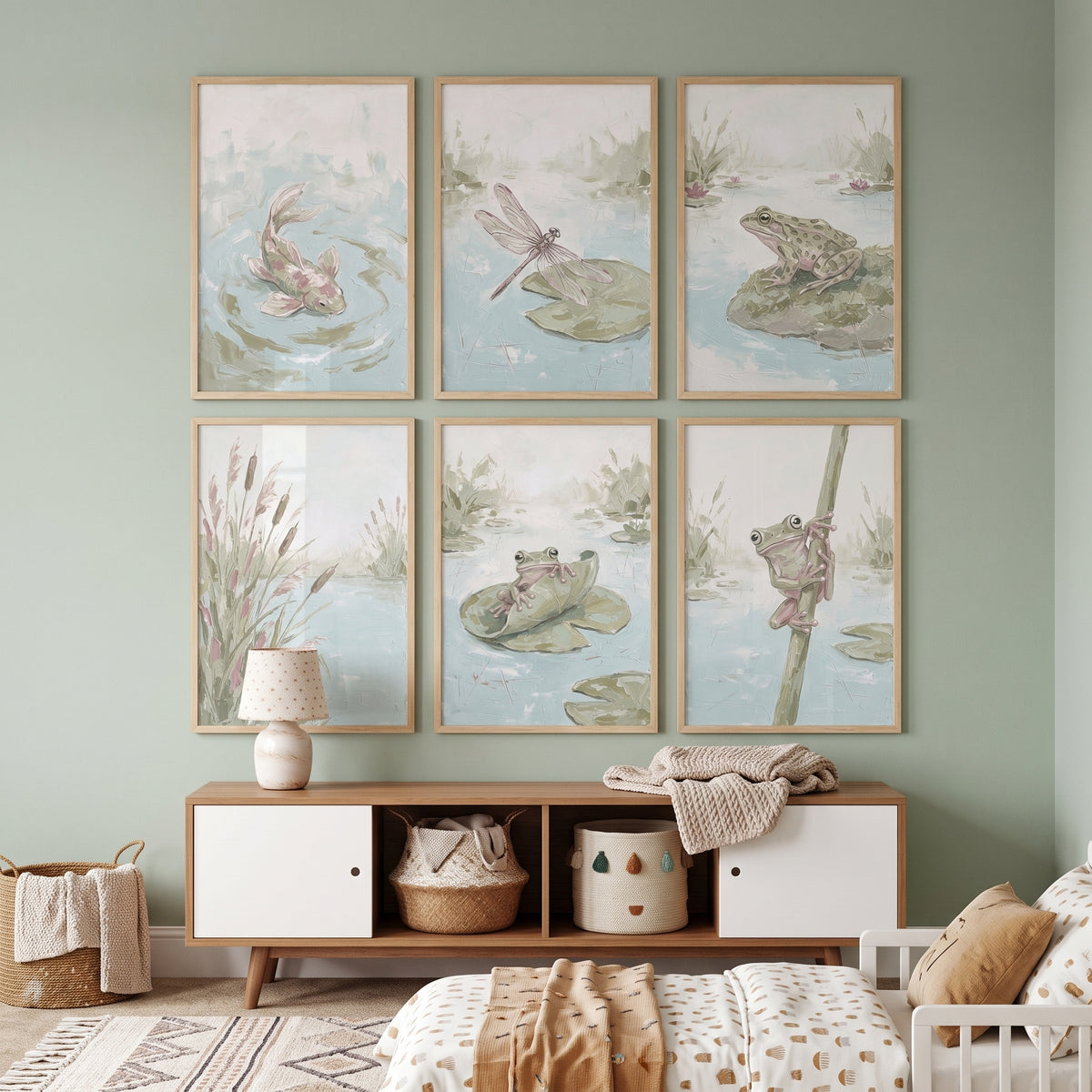 Dusty Green Pond Wall Art Set Of 6 - Tranquil Pond Life