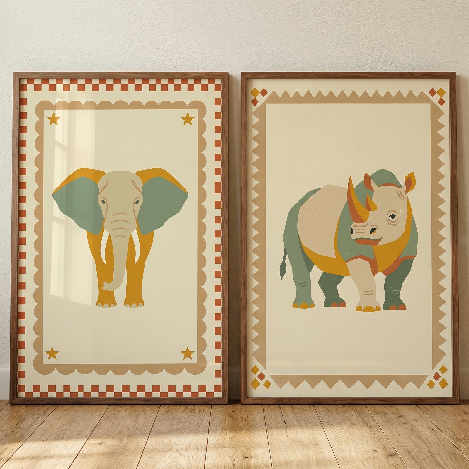 Dusty green safari animal wall art set of 2 featuring framed elephant and rhino illustrations with geometric borders.