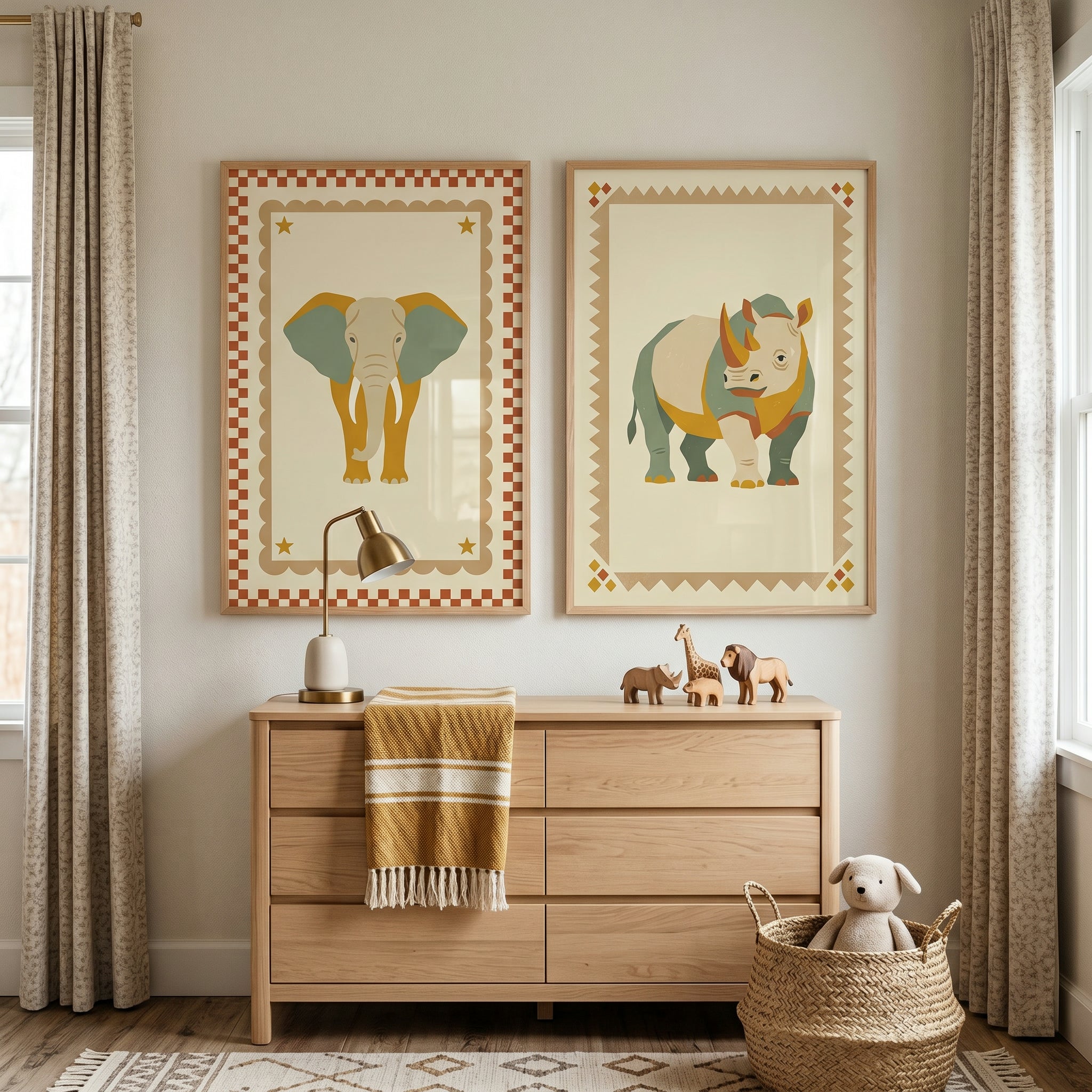 Dusty Green Safari Animal Wall Art Set of 2 - Retro Safari Friends