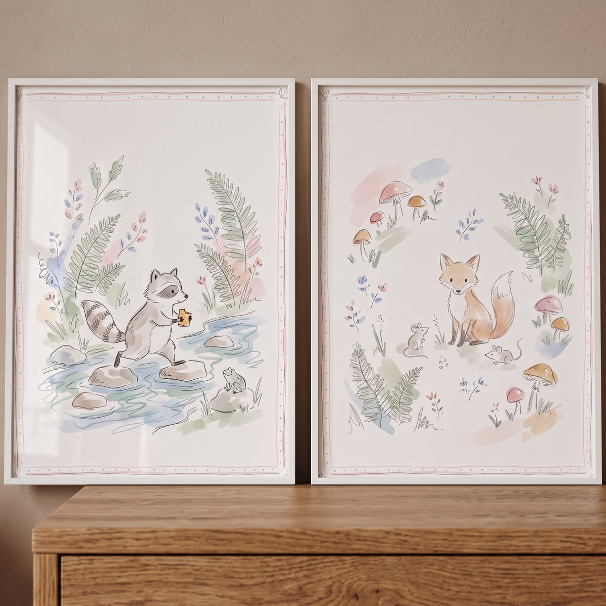 Watercolor raccoon and fox dusty green woodland animal wall art set of 2 in white frames on a wood dresser.