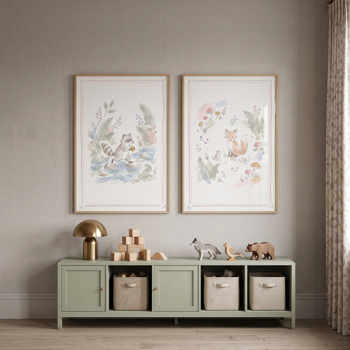 Dusty Green Woodland Animal Wall Art Set of 2 - Whimsical Forest Friends
