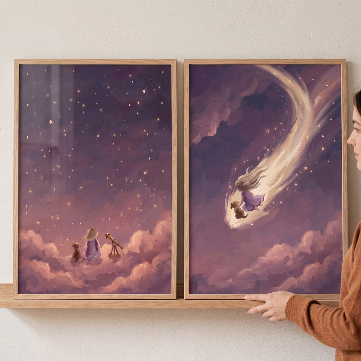 Dusty lavender girl dog wall art set of 2 shows a girl and dog with a telescope and riding a star through purple clouds.
