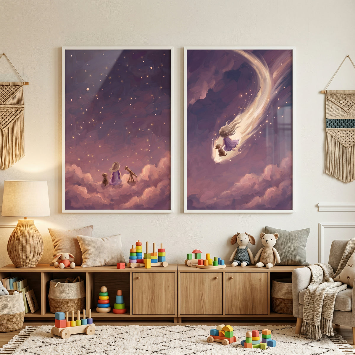 Dusty Lavender Girl Dog Wall Art Set of 2 - Celestial Cloud Voyage