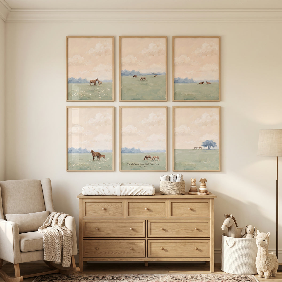 Dusty Olive Meadow Horses Wall Art Set Of 6 - Peaceful Faith Pastures