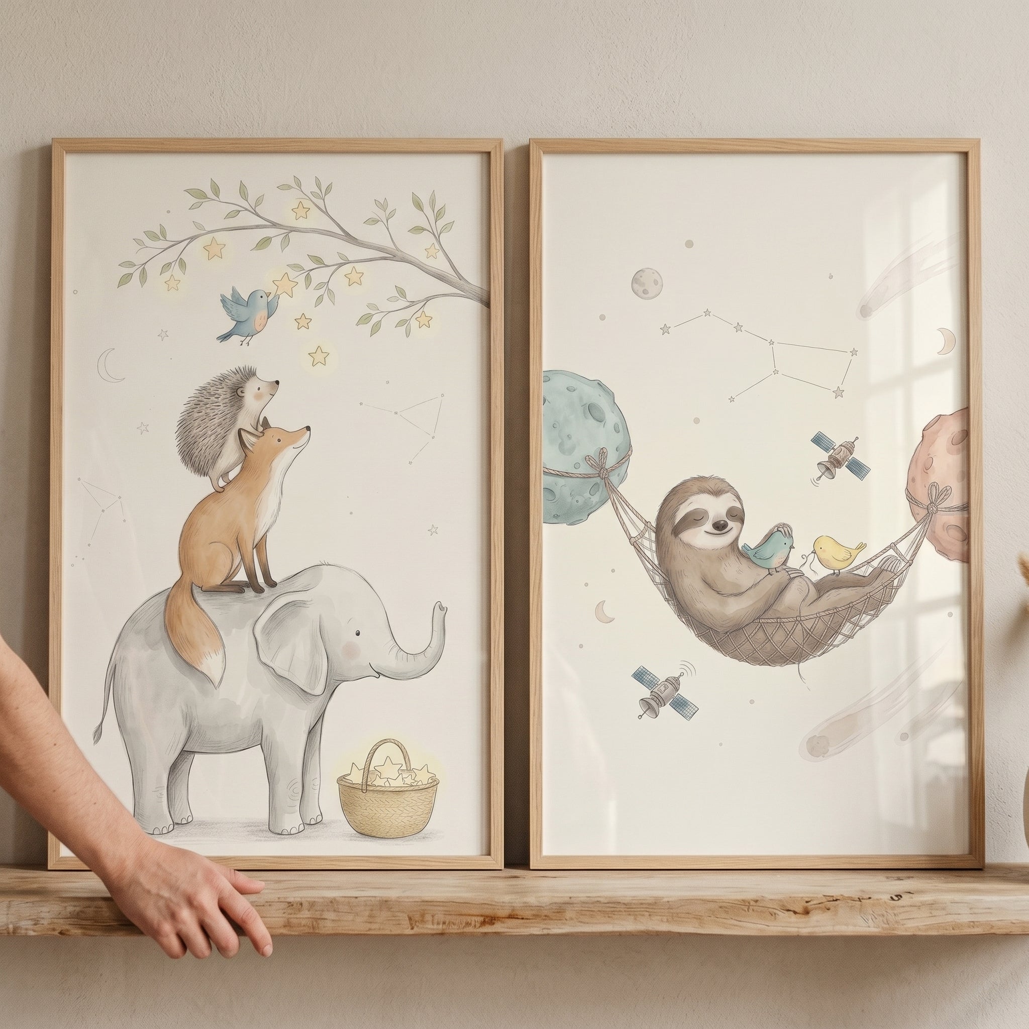 Dusty Pastel Celestial Animals Wall Art Set of 2 - Starlight Animal Friends