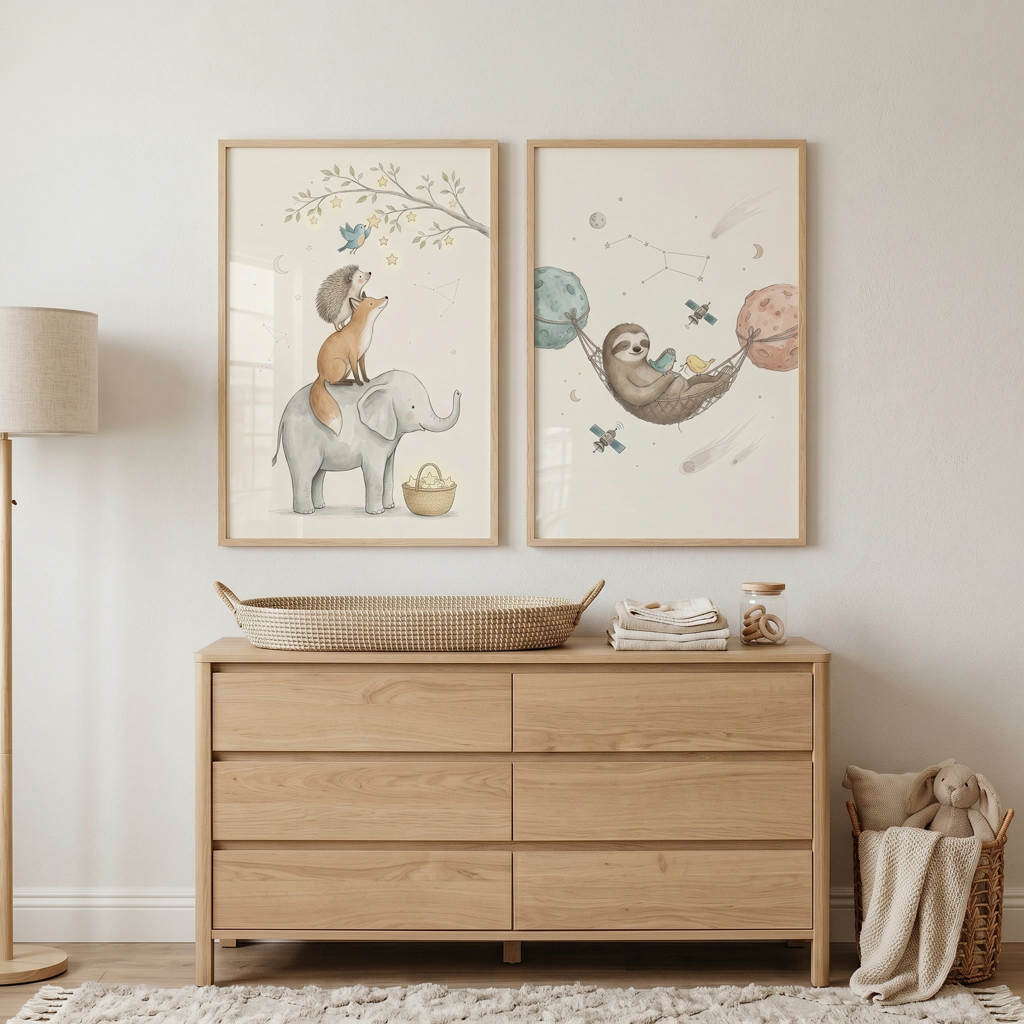 Dusty Pastel Celestial Animals Wall Art Set of 2 - Starlight Animal Friends