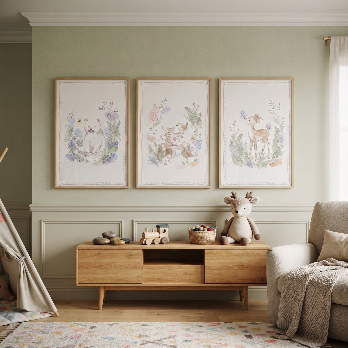 Dusty Pastel Forest Animal Wall Art Set of 3 - Sweet Meadow Dreams