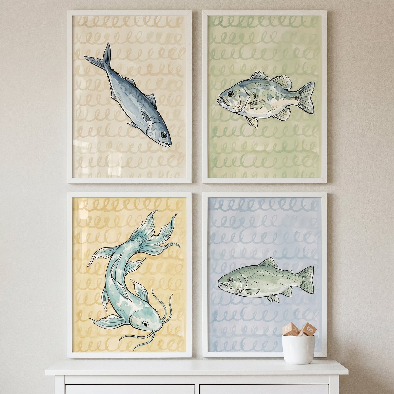 Dusty pastel watercolor fish wall art set of 4 featuring four fish on patterned, colorful backgrounds.