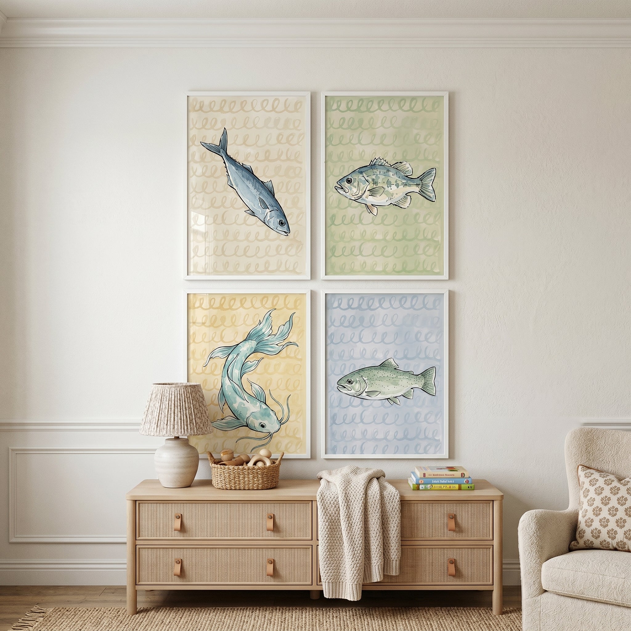 Dusty Pastel Watercolor Fish Wall Art Set of 4 - Watercolor Fish Sketches