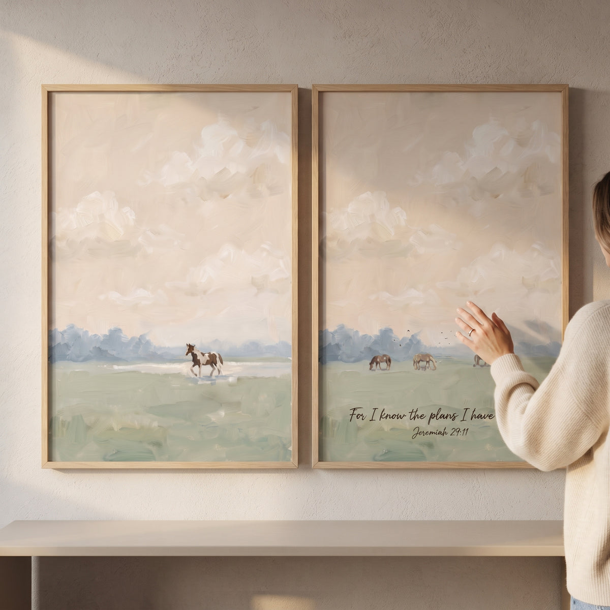 Dusty peach sky horse wall art set of 2 showing horses in a field under soft clouds with Jeremiah 29:11 Scripture.