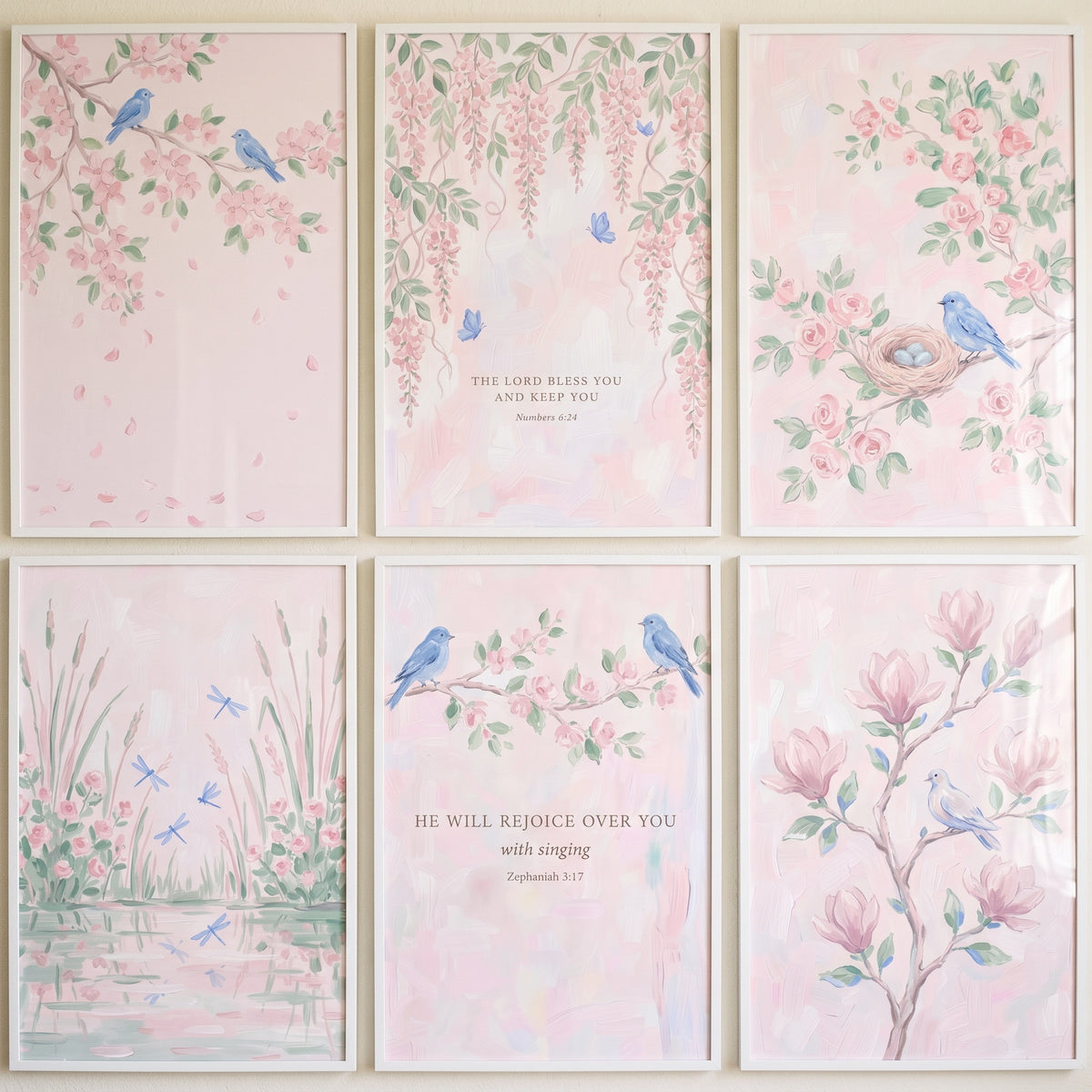 Dusty Pink Floral Garden Wall Art Set of 6 - Pastel Bird Harmony
