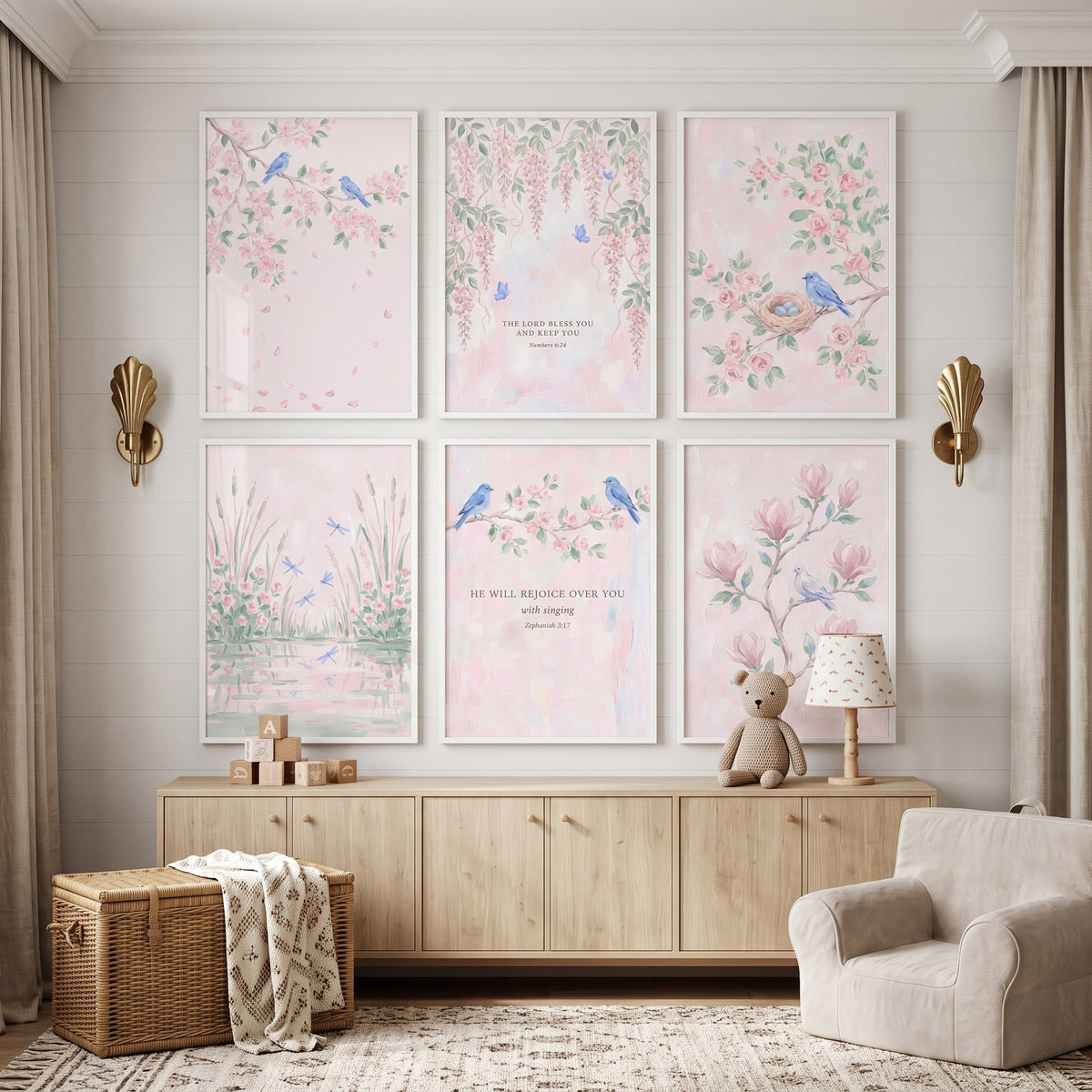 Dusty Pink Floral Garden Wall Art Set of 6 - Pastel Bird Harmony