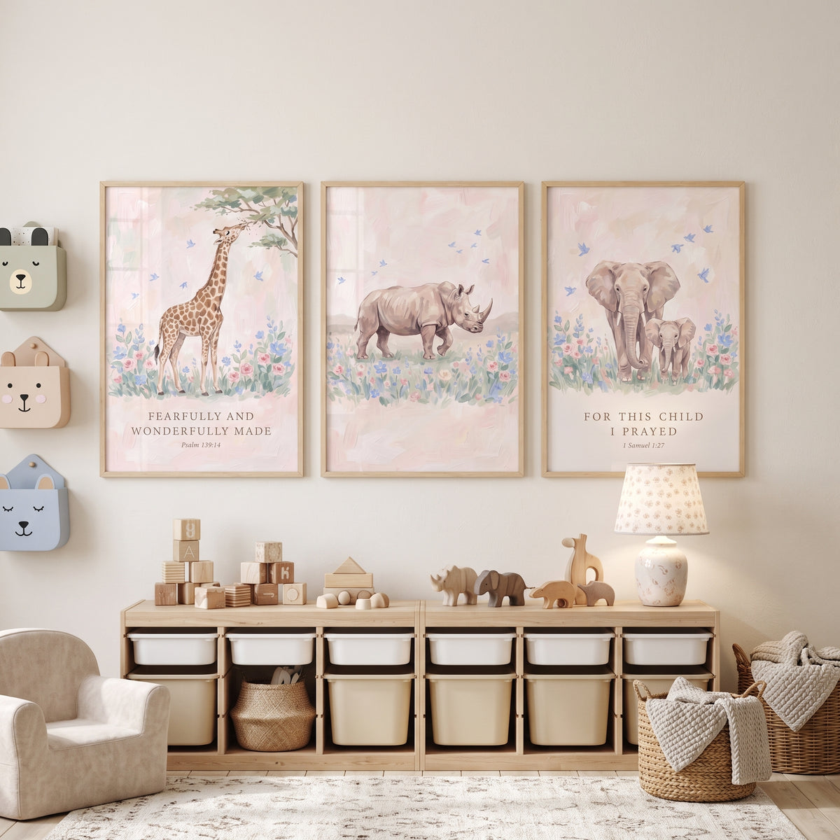 Dusty Pink Safari Animals Wall Art Set Of 3 - Faithful Animal Trio