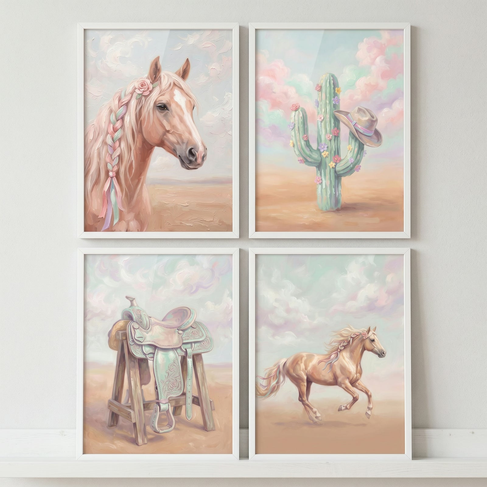 Dusty pink western wall art set of 4 featuring horses, a cactus with a cowboy hat, and a saddle in soft desert tones.