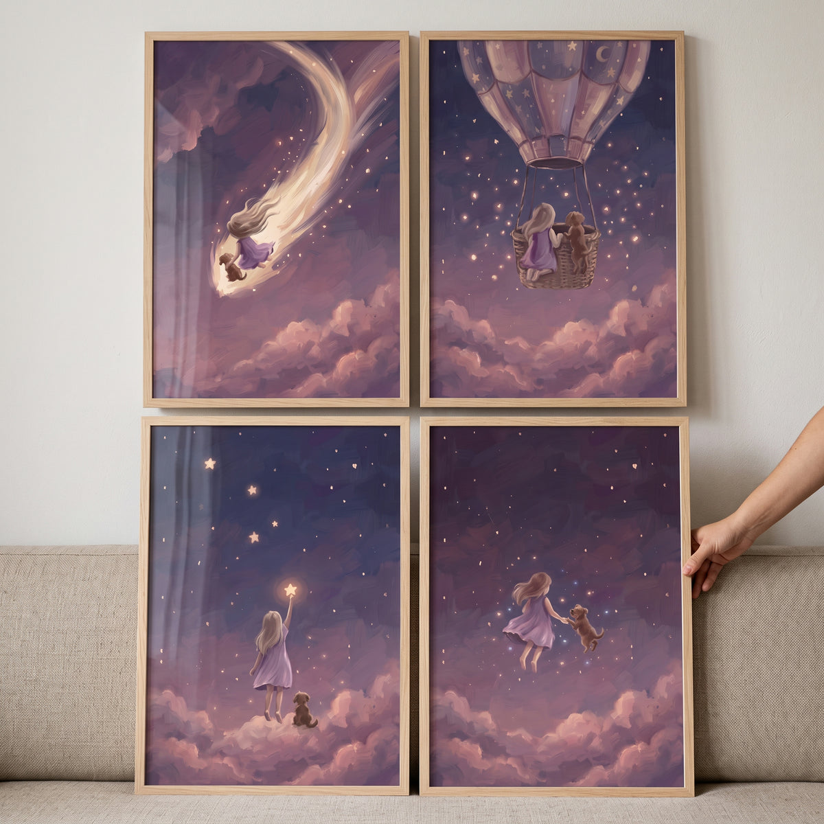 Whimsical dusty plum girl dog wall art set of 4 featuring a child and puppy in a starry sky with clouds and a balloon.