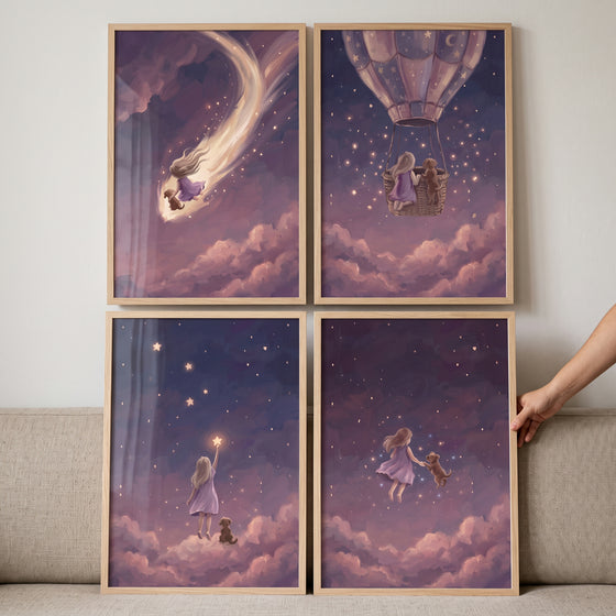 Whimsical dusty plum girl dog wall art set of 4 featuring a child and puppy in a starry sky with clouds and a balloon.