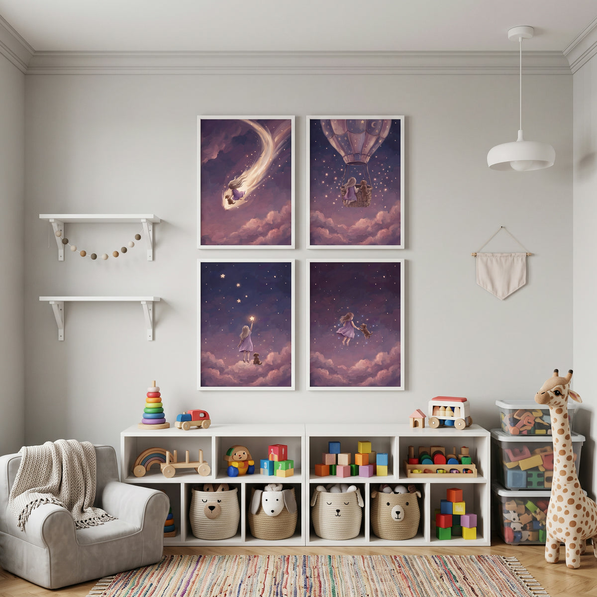 Dusty Plum Girl Dog Wall Art Set of 4 - Starlit Night Adventures