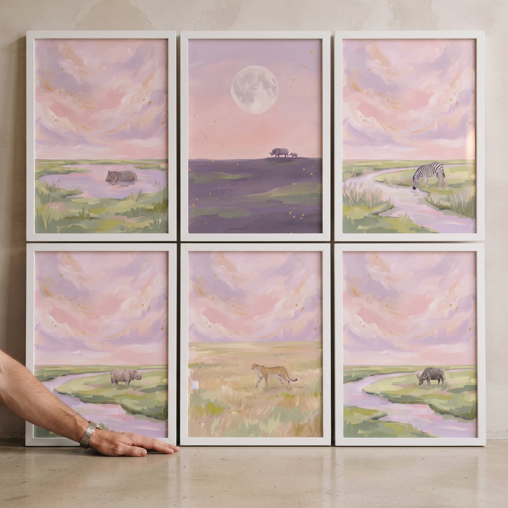 Dusty Rose Safari Animals Wall Art Set of 6 - Serene Wild Horizons