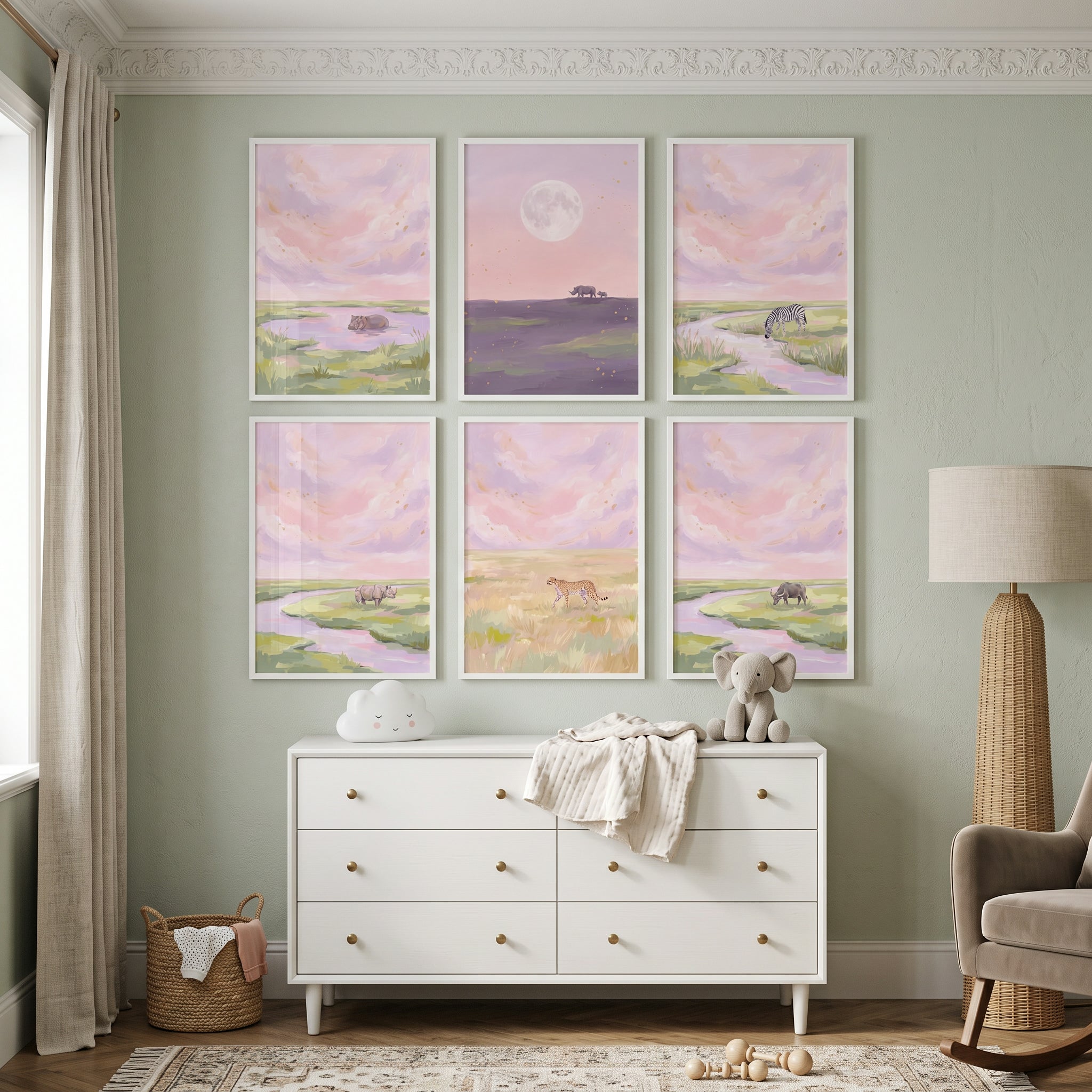 Dusty Rose Safari Animals Wall Art Set of 6 - Serene Wild Horizons