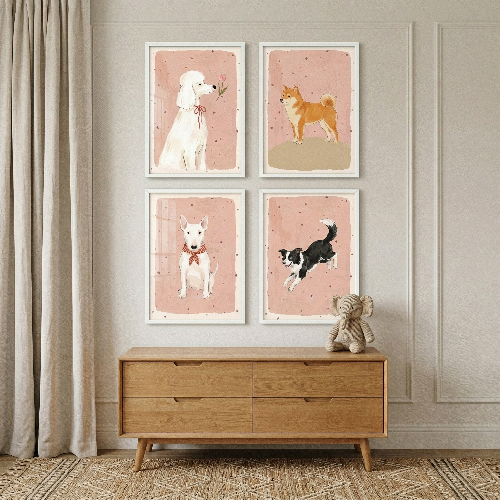 Dusty Rose Starry Dog Wall Art Set of 4 - Cute Canine Collection
