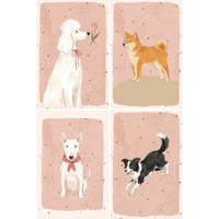 Watercolor collage of four dogs including a white poodle smelling a pink tulip, a Shiba Inu standing alert, a bull terrier with a red gingham scarf, and a black and white dog mid jump on a blush pink star patterned background.
