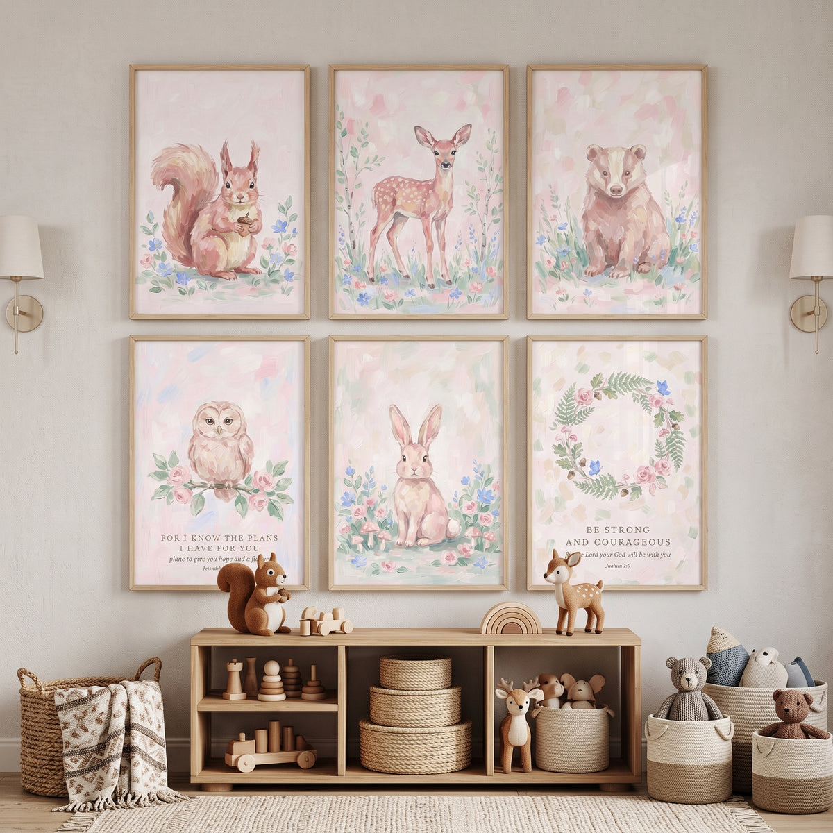 Dusty Rose Woodland Floral Wall Art Set of 6 - Faithful Forest Animals