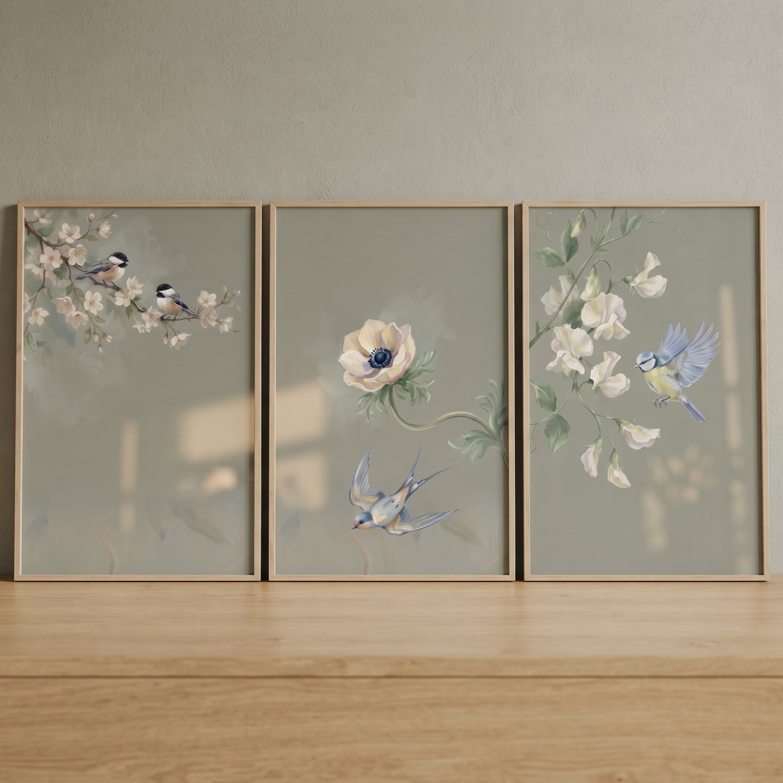 Dusty sage botanical bird wall art set of 3 with songbirds and white flowers in wood frames on a wooden surface.