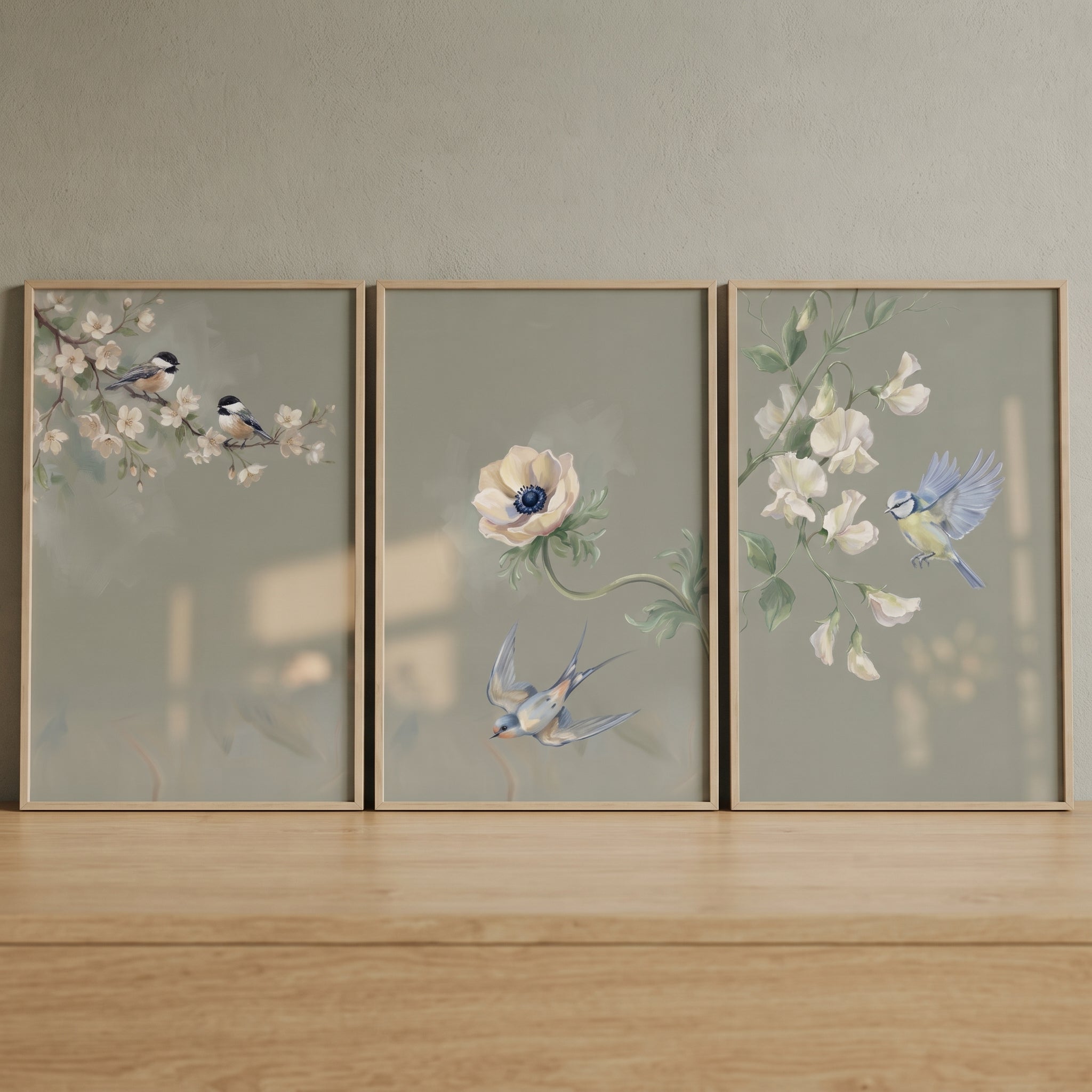 Dusty Sage Botanical Bird Wall Art Set of 3 - Serene Songbird Trio
