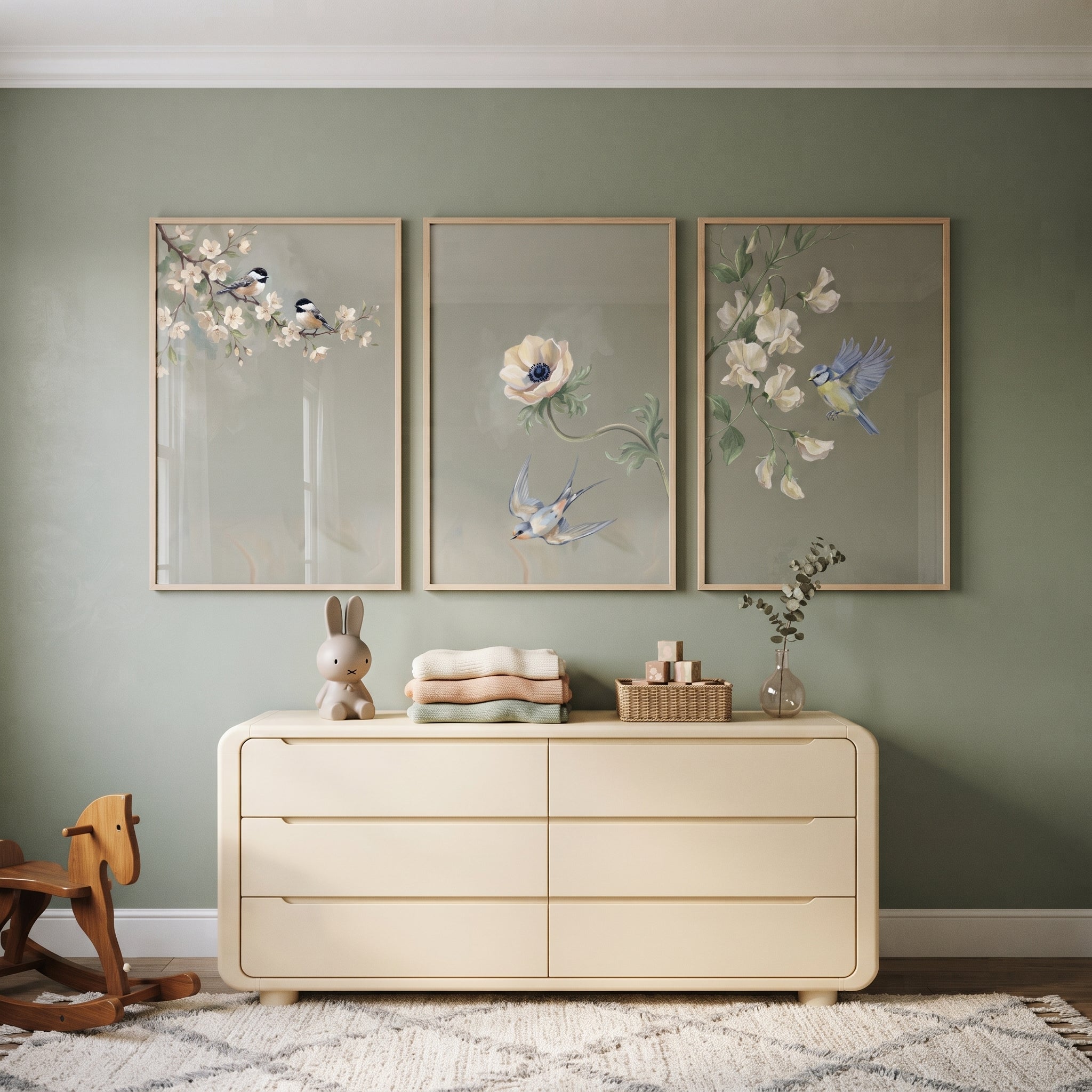 Dusty Sage Botanical Bird Wall Art Set of 3 - Serene Songbird Trio