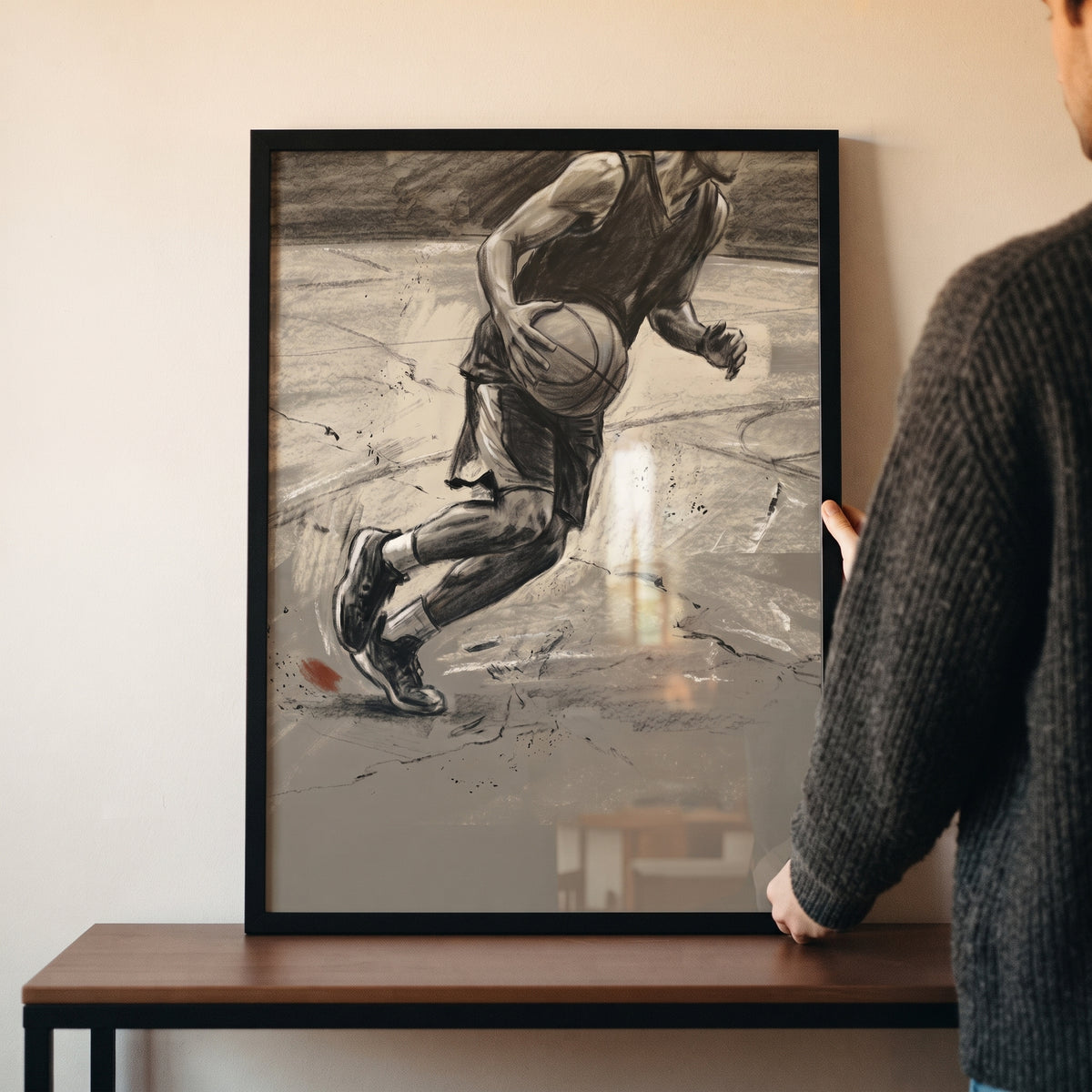 Person holds dynamic motion basketball player sports wall art featuring a charcoal sketch of an athlete in a black frame.