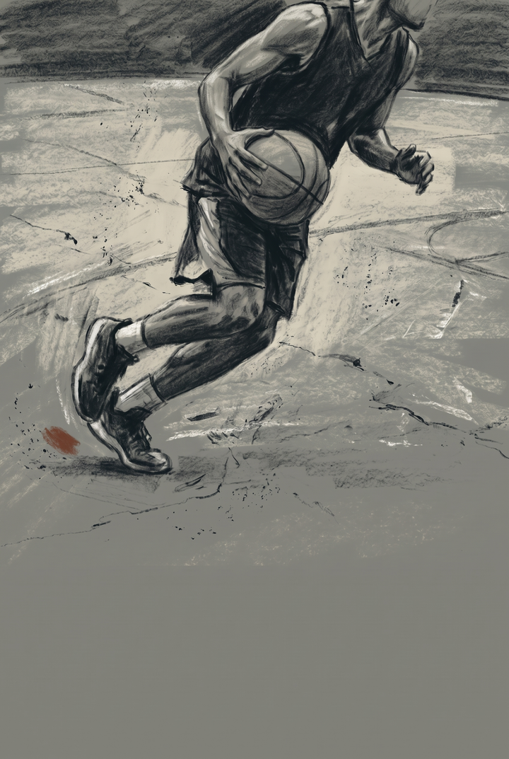 Sketchy grayscale illustration of a dynamic motion basketball player sports wall art dribbling on a court.