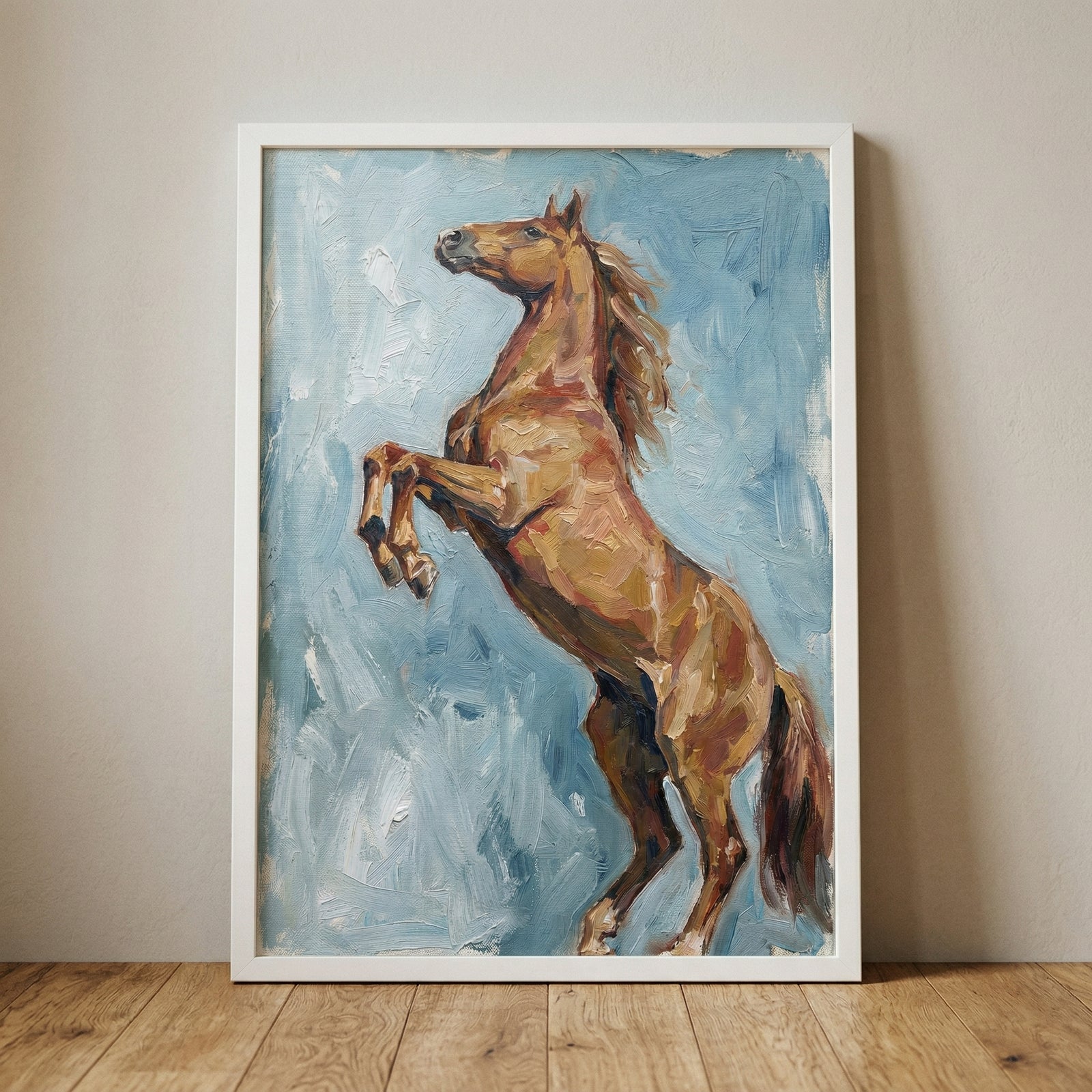 An impressionistic artwork captures the powerful image of a chestnut horse rearing up on its hind legs. The piece is created with bold, expressive brushstrokes that emphasize the horse's musculature and flowing mane. 