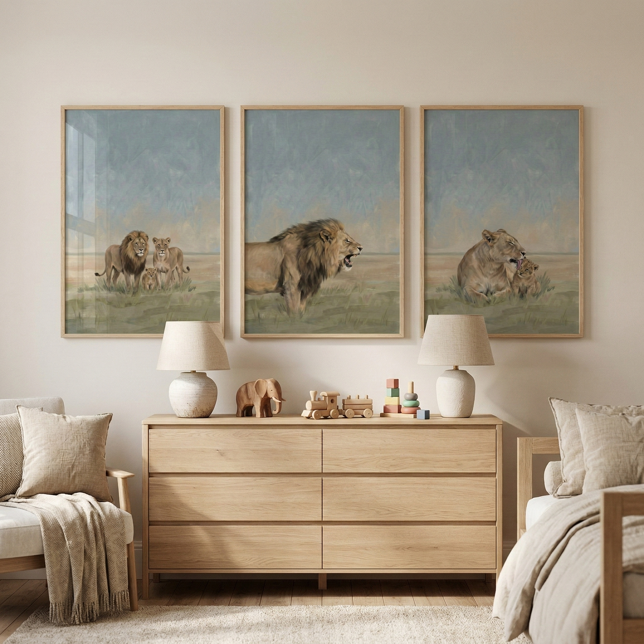 Lion Family Artwork Set of 3 - Savanna Family Bond