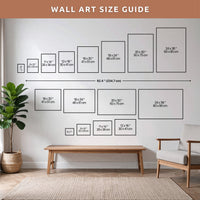 The image is a wall art size guide, displaying the dimensions of various framed artworks in centimeters.