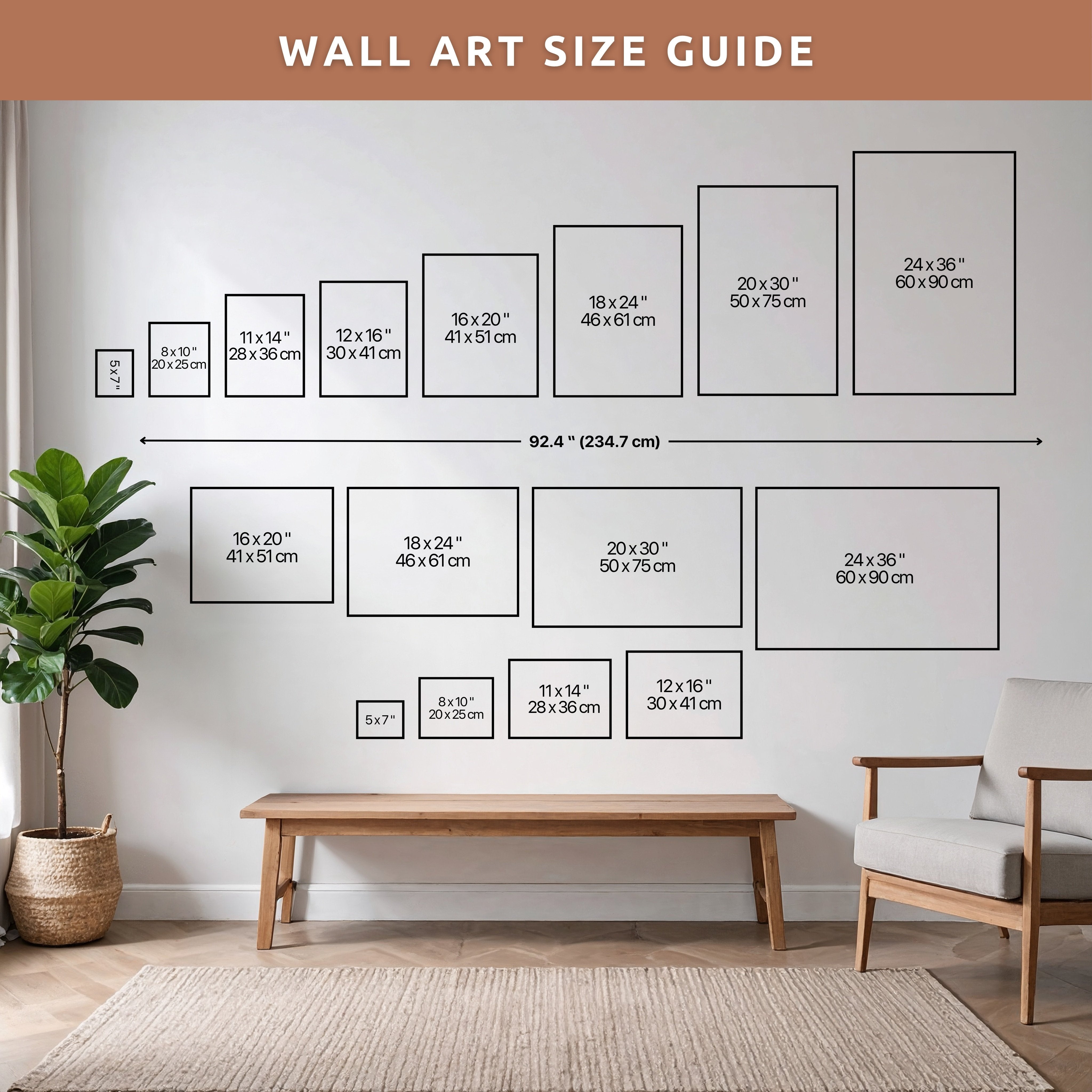 The image is a wall art size guide, displaying the dimensions of various framed artworks in centimeters.