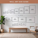 The image is a wall art size guide, displaying the dimensions of various framed artworks in centimeters.