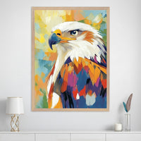 Modern room with a white dresser. A large framed, vibrant abstract painting of a bald eagle's head and chest hangs centered above the dresser.